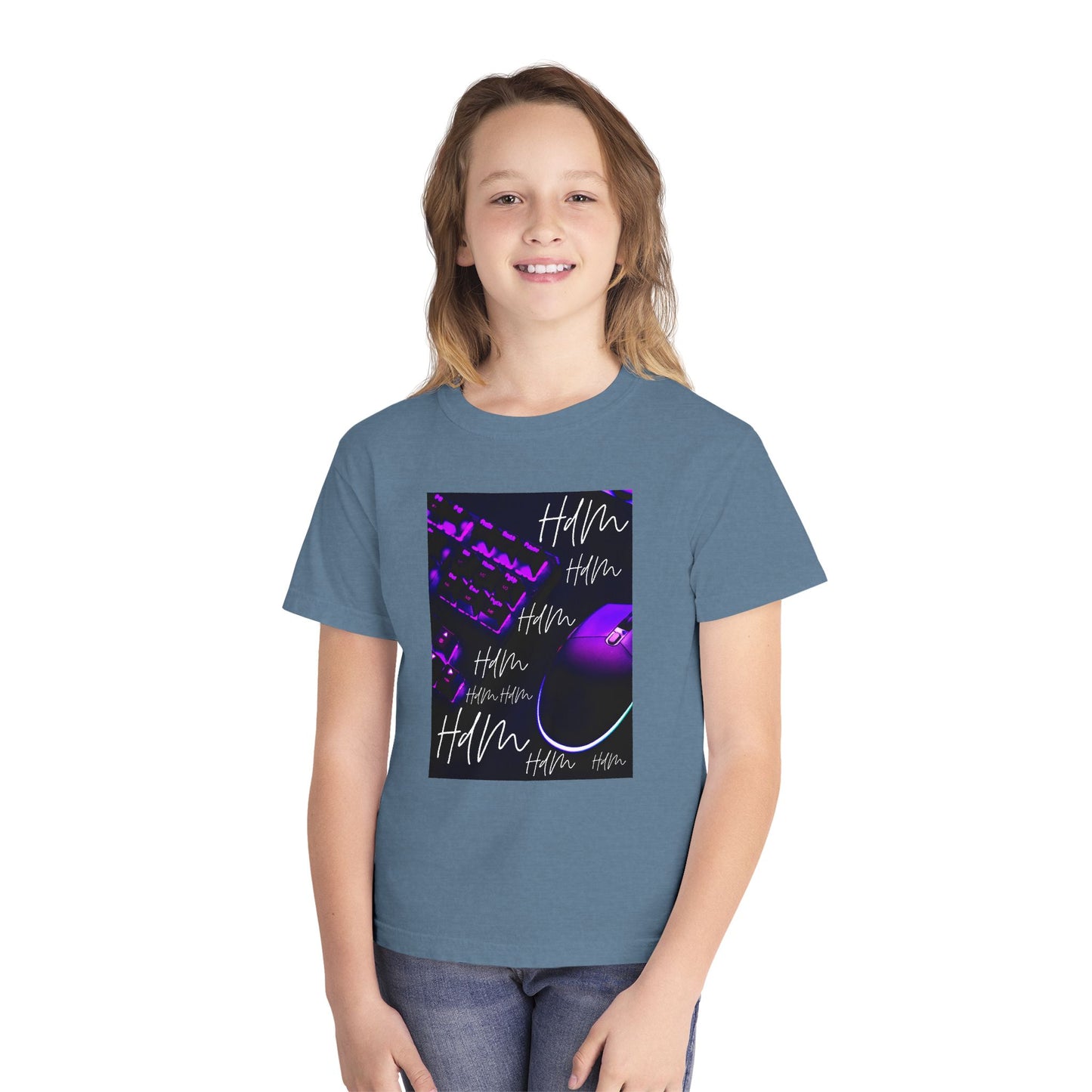 Youth Tee — Retro Vaporwave Smile Graphic (Purple Neon, 'Hm' Script)