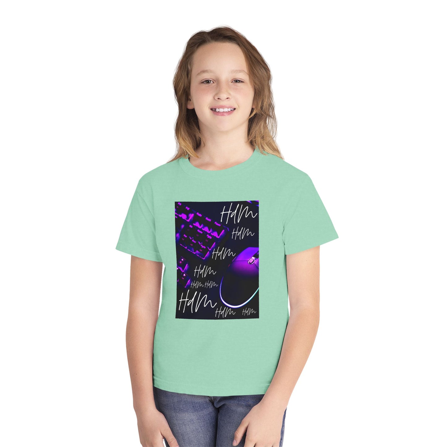 Youth Tee — Retro Vaporwave Smile Graphic (Purple Neon, 'Hm' Script)