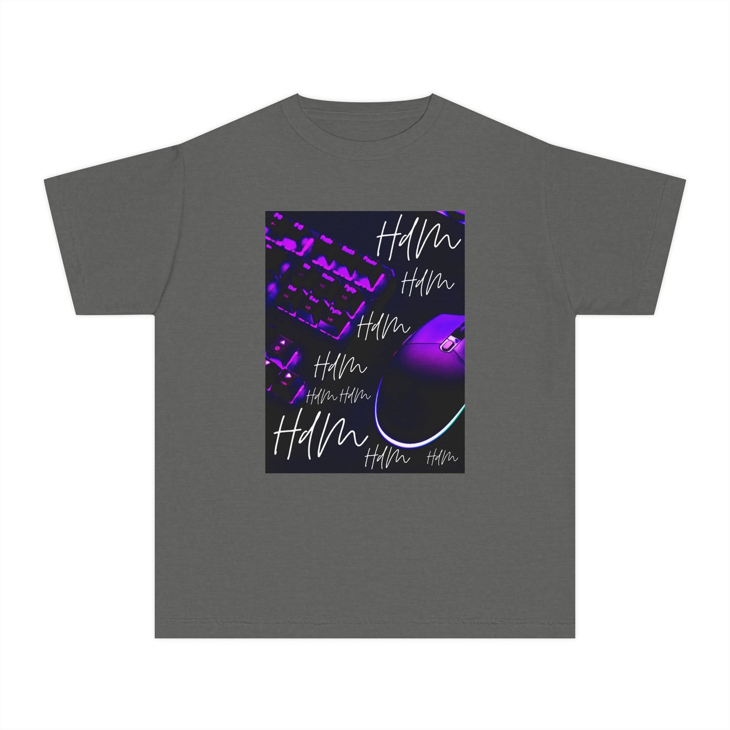 Youth Tee — Retro Vaporwave Smile Graphic (Purple Neon, 'Hm' Script)