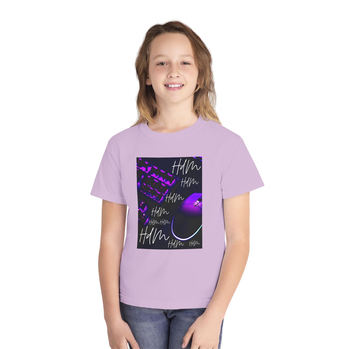Youth Tee — Retro Vaporwave Smile Graphic (Purple Neon, 'Hm' Script)