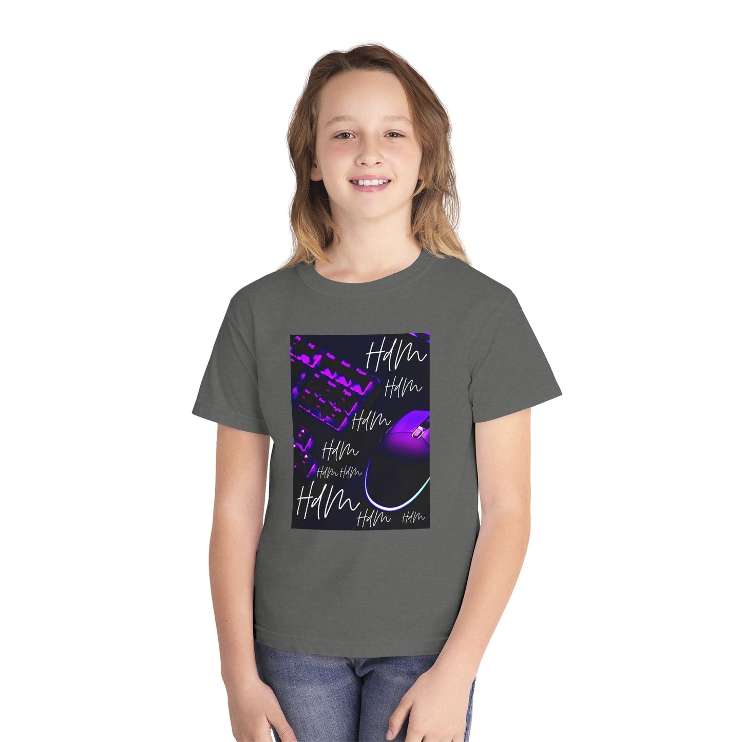 Youth Tee — Retro Vaporwave Smile Graphic (Purple Neon, 'Hm' Script)