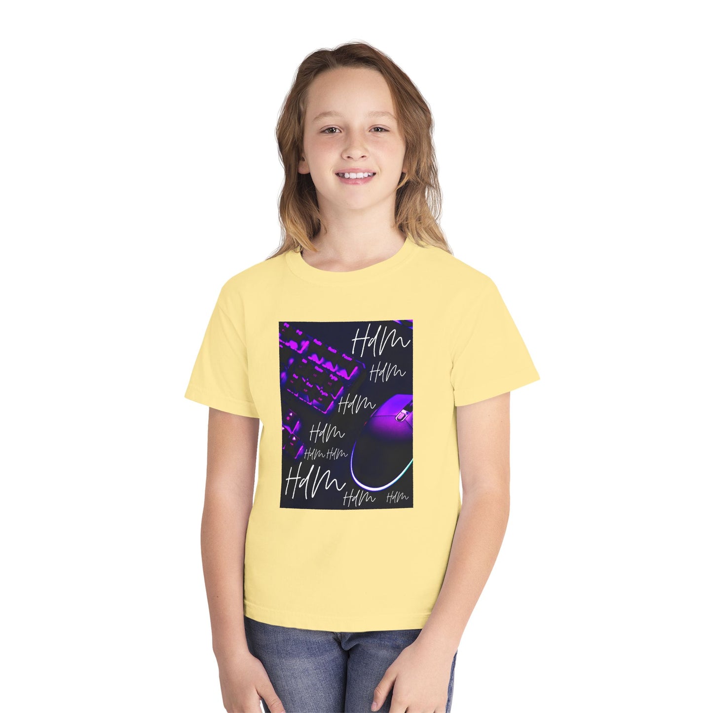 Youth Tee — Retro Vaporwave Smile Graphic (Purple Neon, 'Hm' Script)