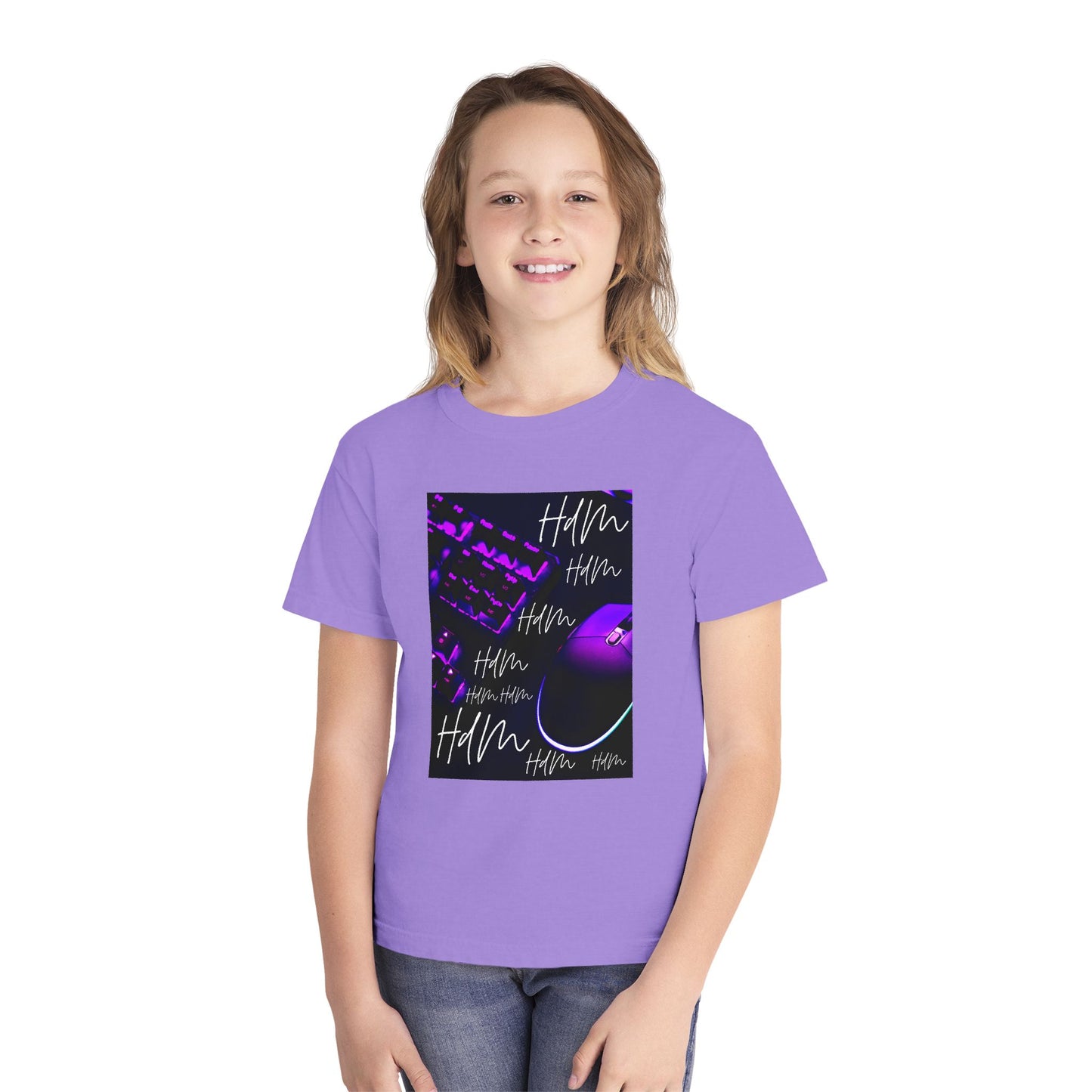 Youth Tee — Retro Vaporwave Smile Graphic (Purple Neon, 'Hm' Script)