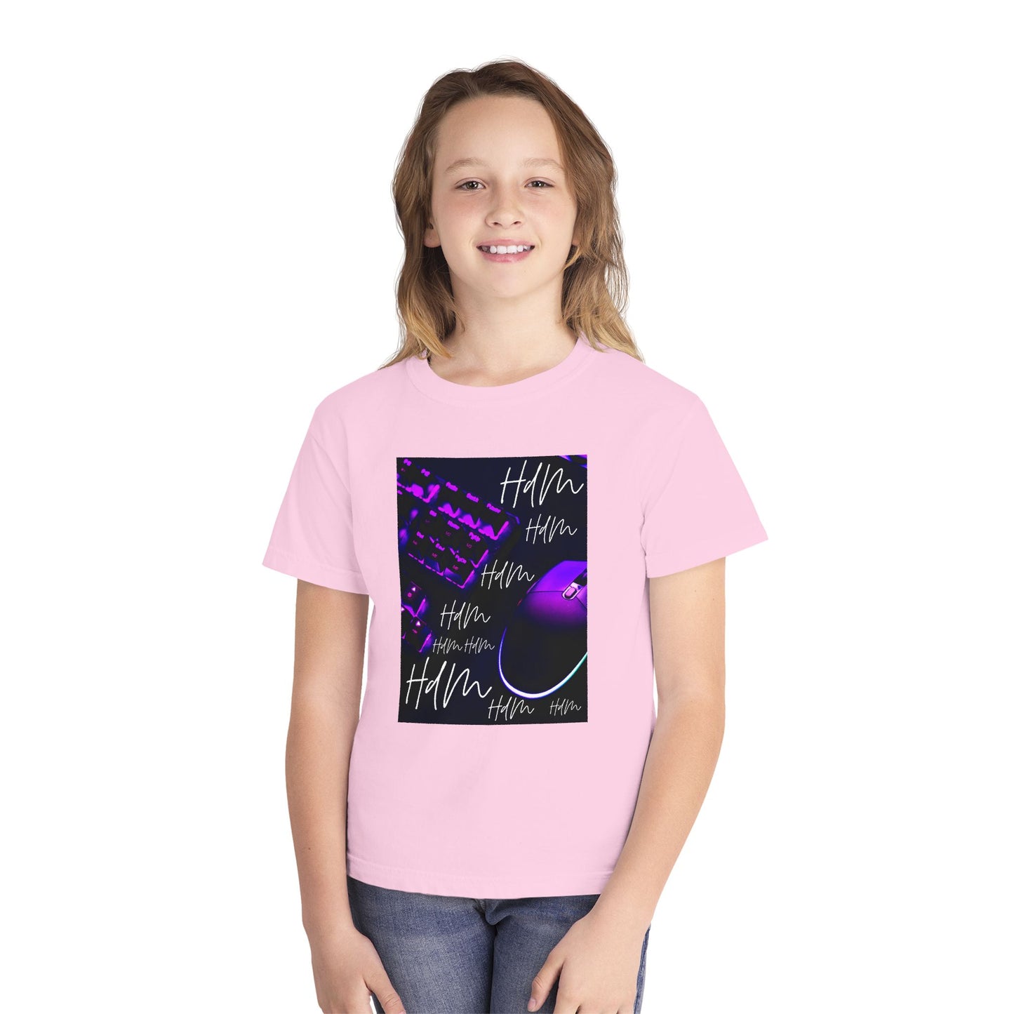 Youth Tee — Retro Vaporwave Smile Graphic (Purple Neon, 'Hm' Script)