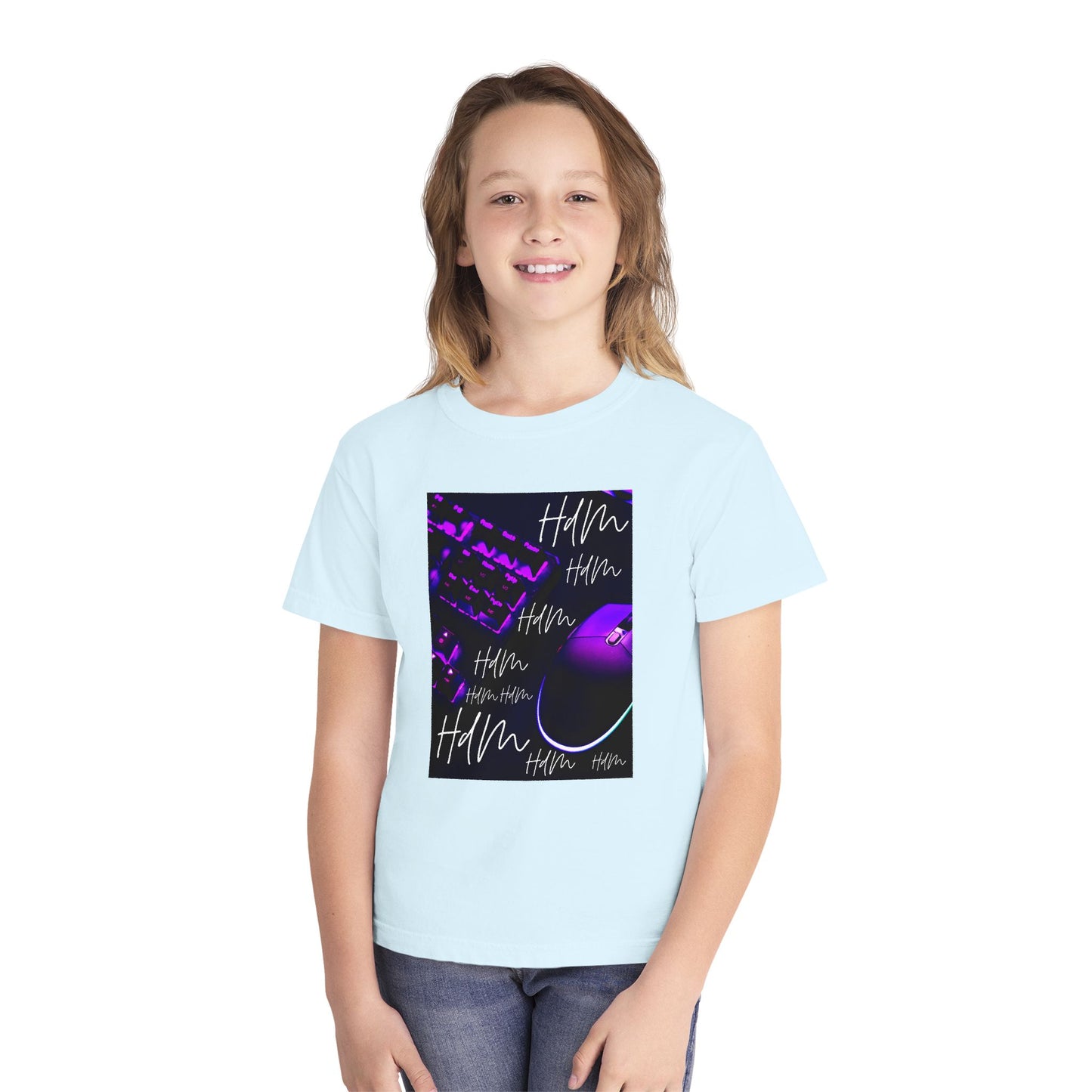 Youth Tee — Retro Vaporwave Smile Graphic (Purple Neon, 'Hm' Script)